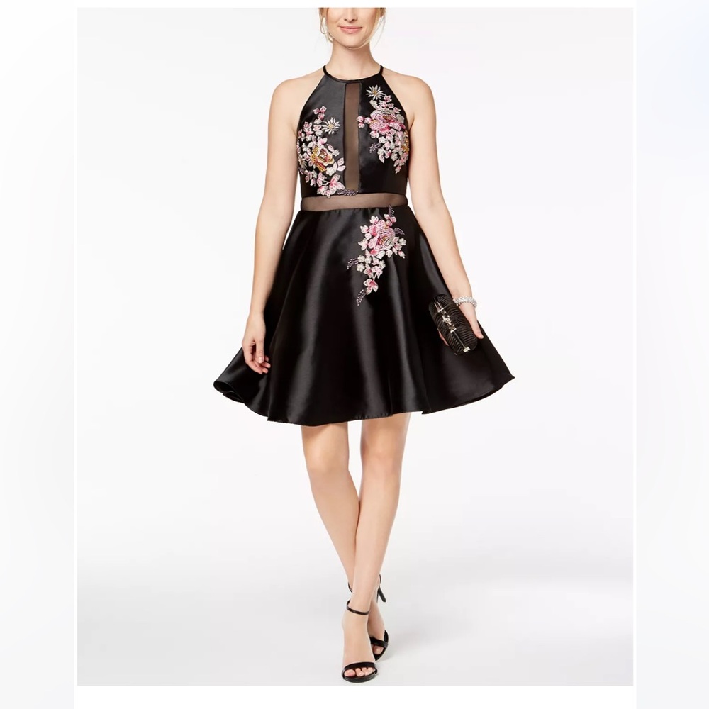 Embroidered illusion fit & flare dress